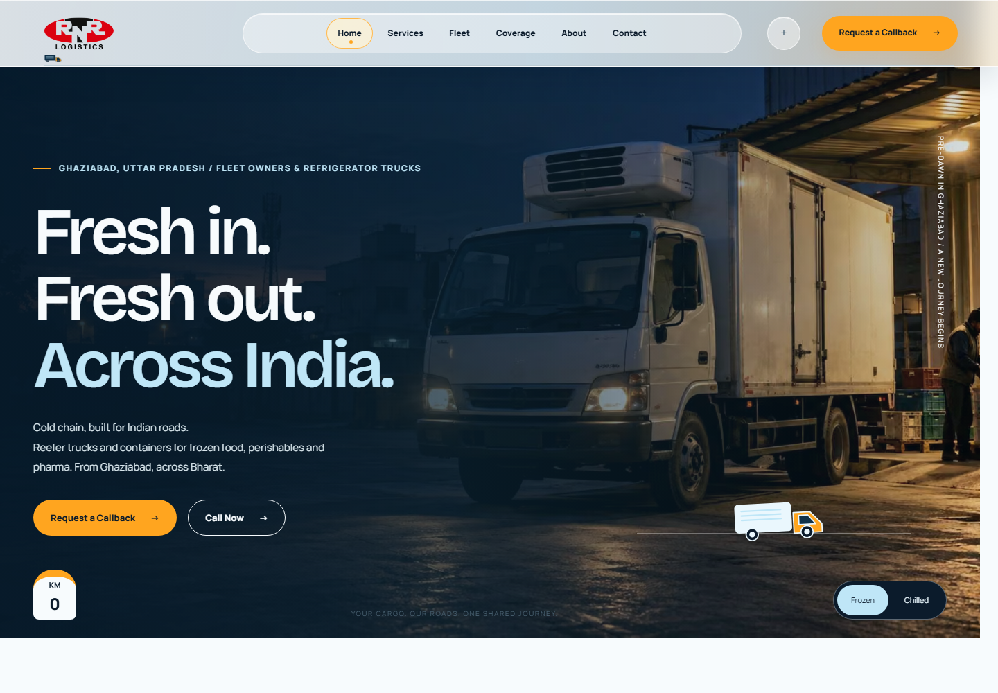 RNR Logistics website homepage featuring refrigerated truck transport across India